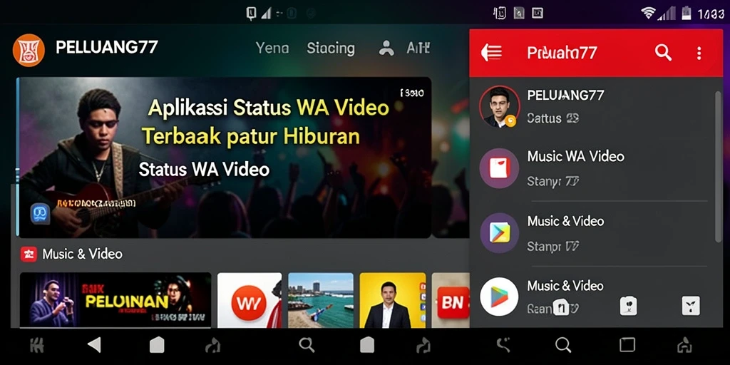 Tampilan antarmuka aplikasi PELUANG77 untuk status WA video yang menarik.
